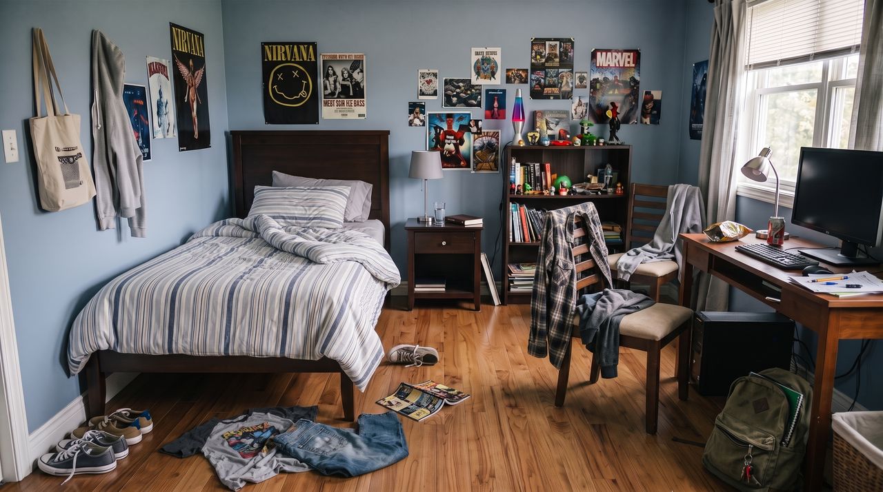 Messy kids' bedroom before