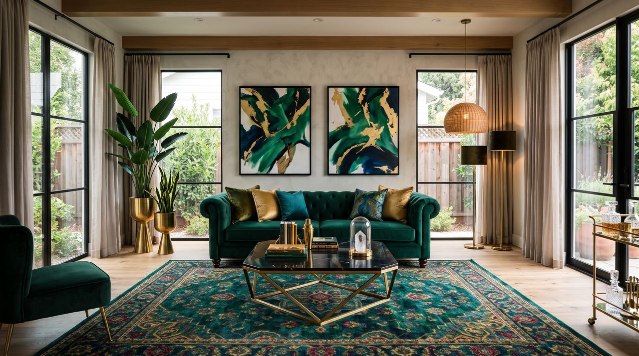 Emerald and gold glam living room